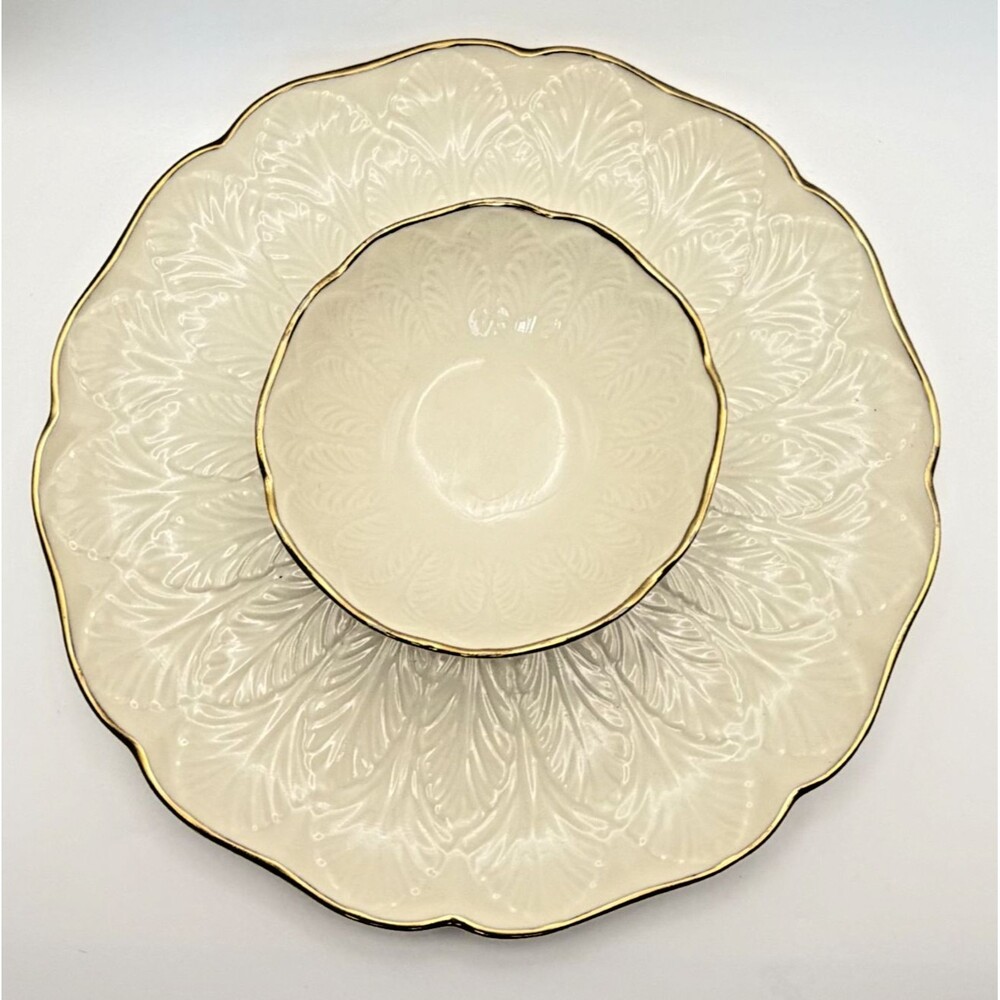 Lenox CHIP & DIP SET Greenfield Collection Embossed Ivory Porcelain 24k Gold 10"